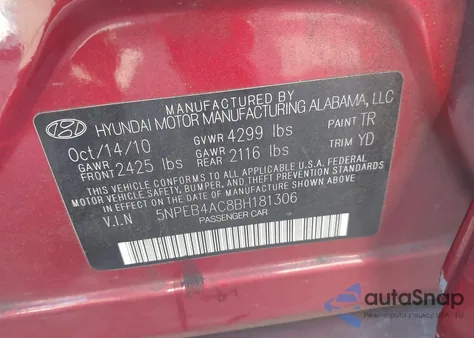2011 Hyundai Sonata Gls from USA, damaged, VIN 5NPEB4AC8BH181306